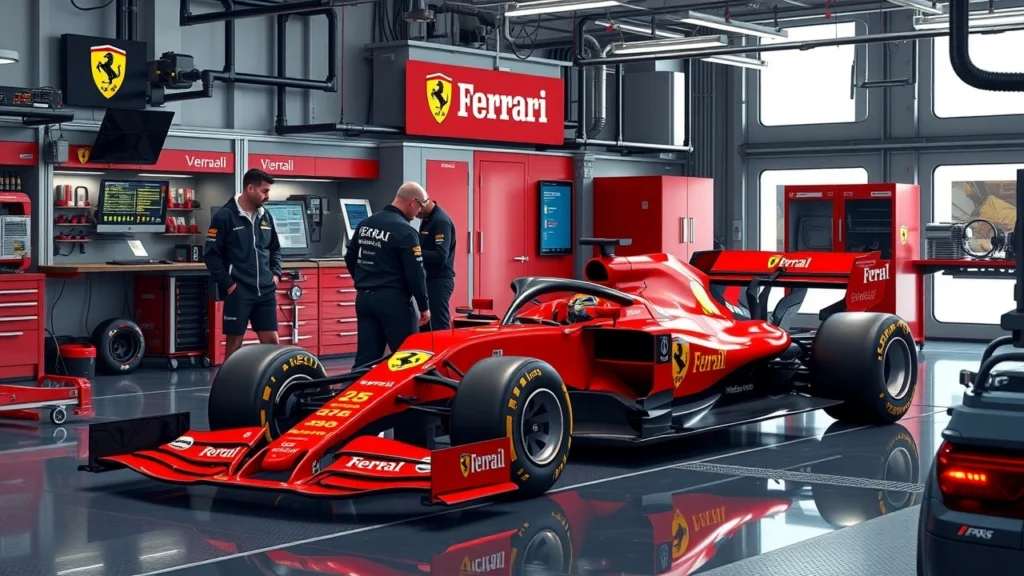 Une illustration d'une voiture de Formule 1 Ferrari dans un garage de développement avec des ingénieurs travaillant dessus.