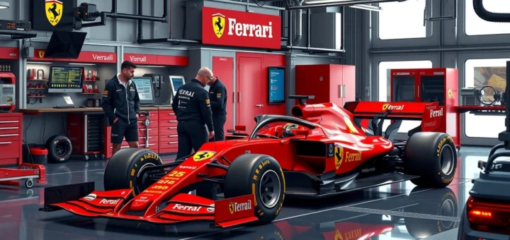 Une illustration d'une voiture de Formule 1 Ferrari dans un garage de développement avec des ingénieurs travaillant dessus.