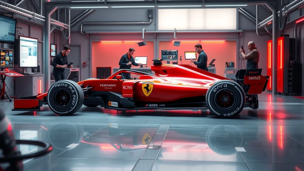 Une illustration photorealiste d'une voiture de Formule 1 Ferrari dans un laboratoire de conception futuriste.