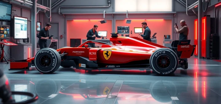 Une illustration photorealiste d'une voiture de Formule 1 Ferrari dans un laboratoire de conception futuriste.