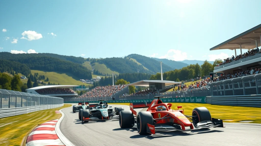 Une illustration photoréaliste des voitures de Formule 1 sur le circuit de Spielberg en Autriche.