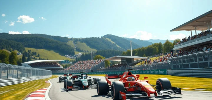 Une illustration photoréaliste des voitures de Formule 1 sur le circuit de Spielberg en Autriche.