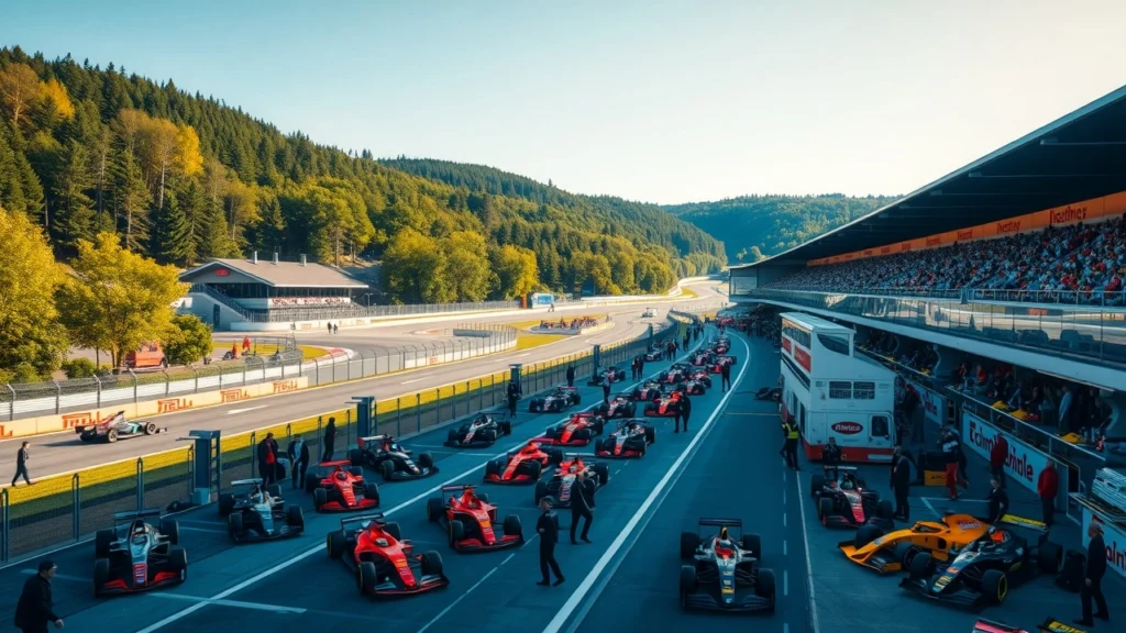 Une scène au Grand Prix de Belgique 2025 à Spa-Francorchamps, avec des voitures de Formule 1 et des équipes préparant la course.