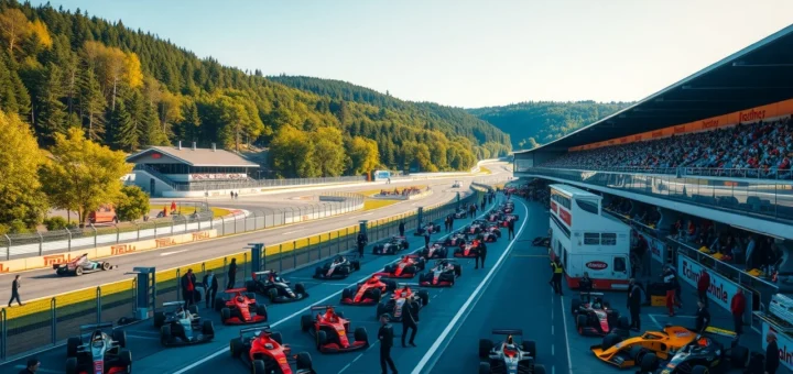 Une scène au Grand Prix de Belgique 2025 à Spa-Francorchamps, avec des voitures de Formule 1 et des équipes préparant la course.