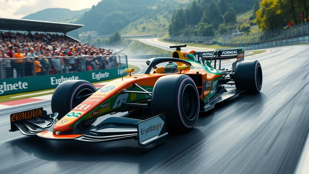 Une voiture de Formule 1 futuriste avec moteur hybride sur un circuit de course en 2026.