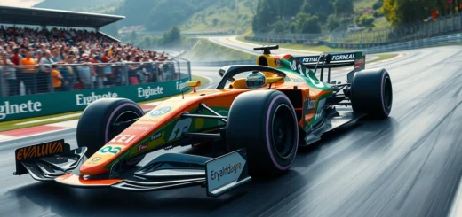 Une voiture de Formule 1 futuriste avec moteur hybride sur un circuit de course en 2026.