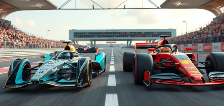 Une image montrant un véhicule de Formule E et un véhicule de Formule 1 sur un circuit de course moderne.