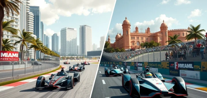 Une illustration photoréaliste d'un événement de Formule E à Miami et Jarama.