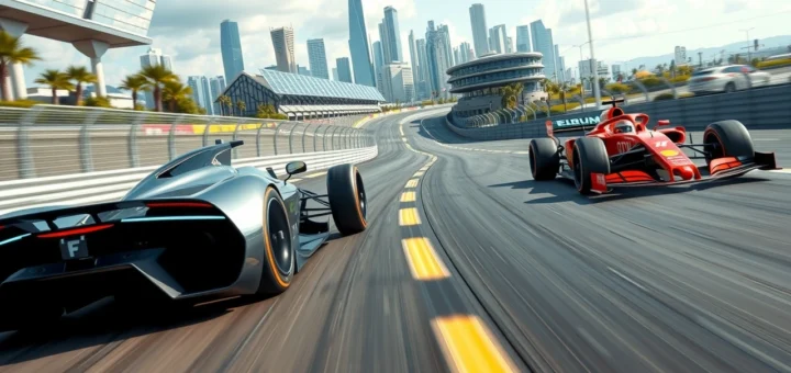 Une image illustrant une voiture de Formule E face à une voiture de Formule 1 sur une piste futuriste, mettant en avant la durabilité.