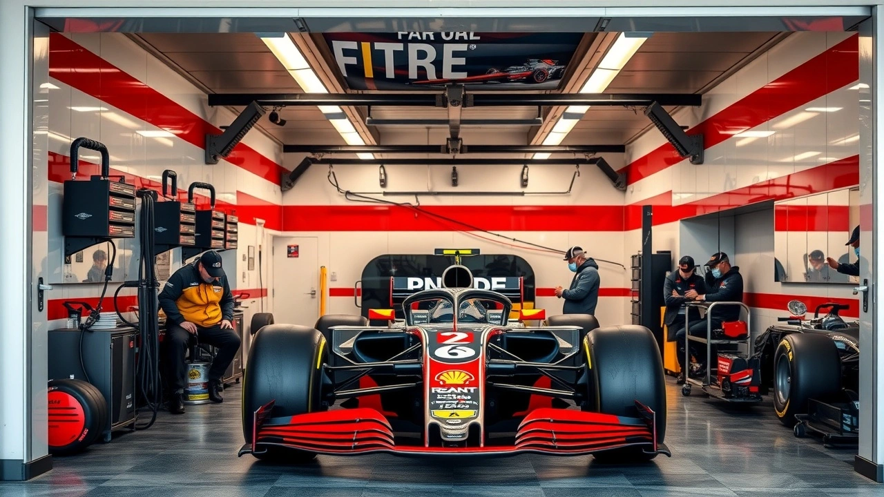 garage d une ecurie de f1 avec des mecaniciens
