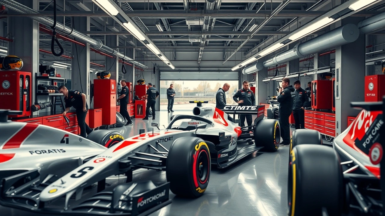 intérieur d'un garage d'équipe de F1 avec mécaniciens