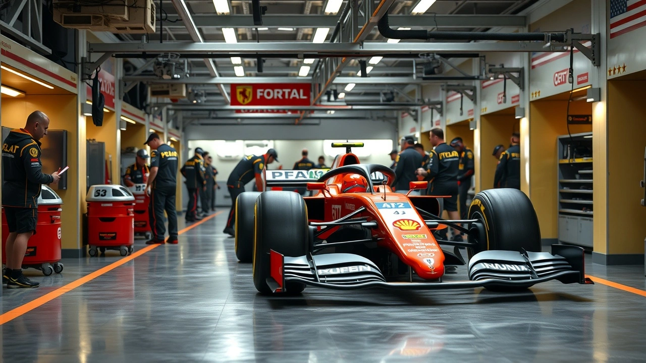 photo d'un garage de F1 avec équipe et voiture