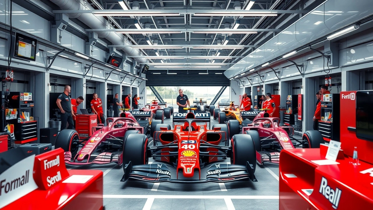 garage de Formule 1 avec équipes travaillant sur les voitures