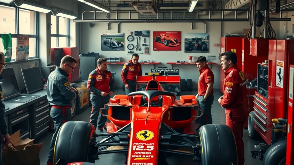 Image d'un garage Ferrari illustrant un dilemme entre le développement de la SF-25 et la préparation pour la F1 2026.