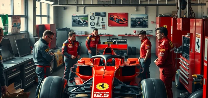 Image d'un garage Ferrari illustrant un dilemme entre le développement de la SF-25 et la préparation pour la F1 2026.