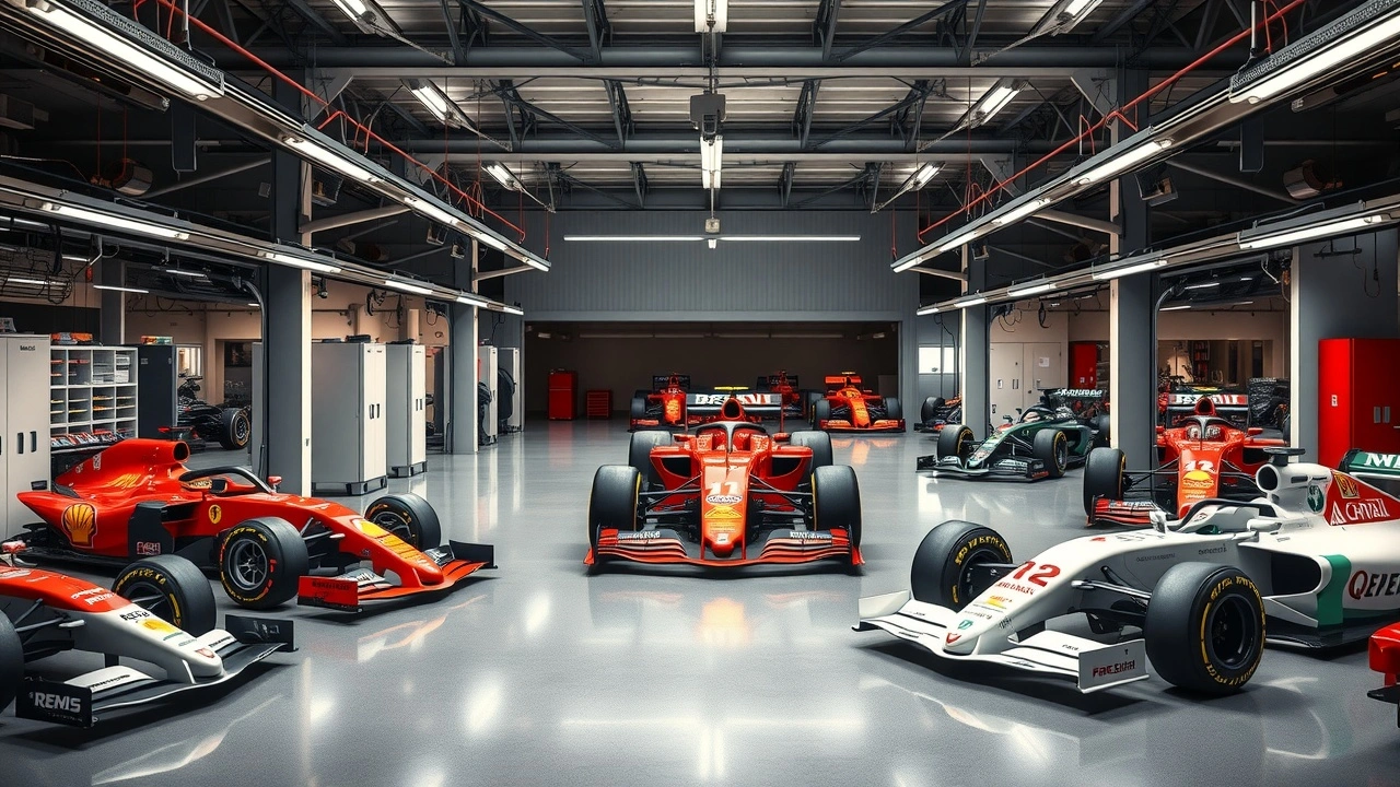 garages de lu2019écurie de F1 avec voitures et équipements