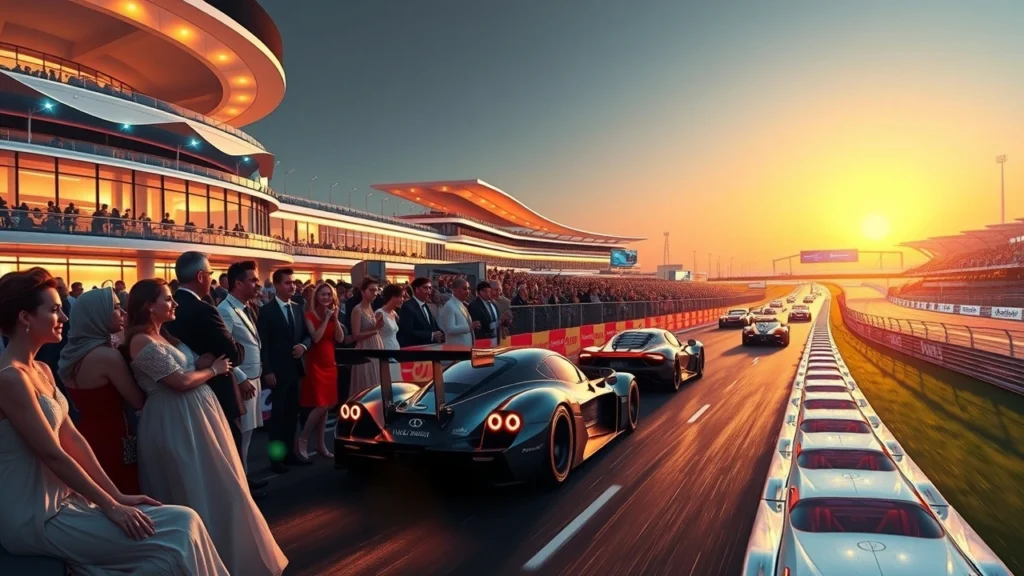Une scène photoréaliste du Grand Prix d'Abou Dabi, mêlant luxe et passion des spectateurs.