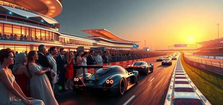 Une scène photoréaliste du Grand Prix d'Abou Dabi, mêlant luxe et passion des spectateurs.