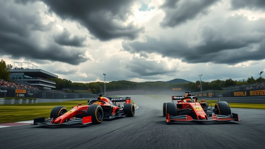Illustration du Grand Prix de Belgique 2025 à Spa-Francorchamps avec McLaren et Red Bull en pleine bataille sous un temps changeant.
