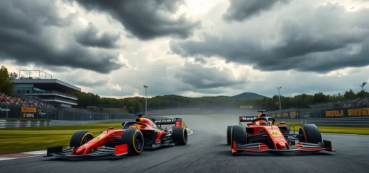 Illustration du Grand Prix de Belgique 2025 à Spa-Francorchamps avec McLaren et Red Bull en pleine bataille sous un temps changeant.