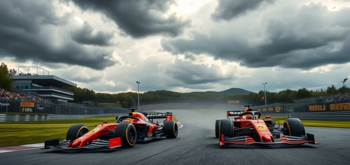 Illustration du Grand Prix de Belgique 2025 à Spa-Francorchamps avec McLaren et Red Bull en pleine bataille sous un temps changeant.