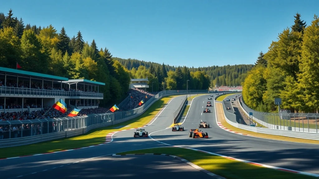 Une illustration photoréaliste du Grand Prix de Belgique 2025 à Spa-Francorchamps, capturant l'atmosphère vibrante de l'événement.