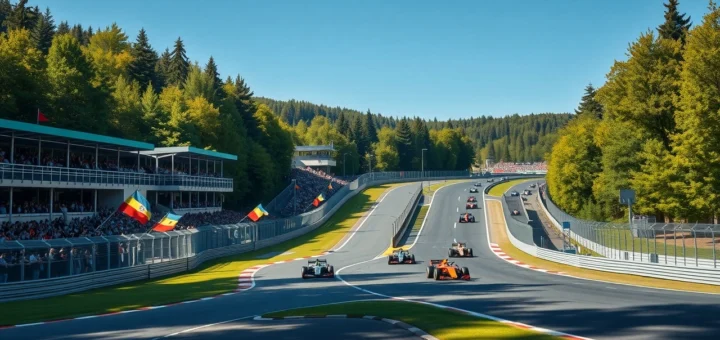 Une illustration photoréaliste du Grand Prix de Belgique 2025 à Spa-Francorchamps, capturant l'atmosphère vibrante de l'événement.