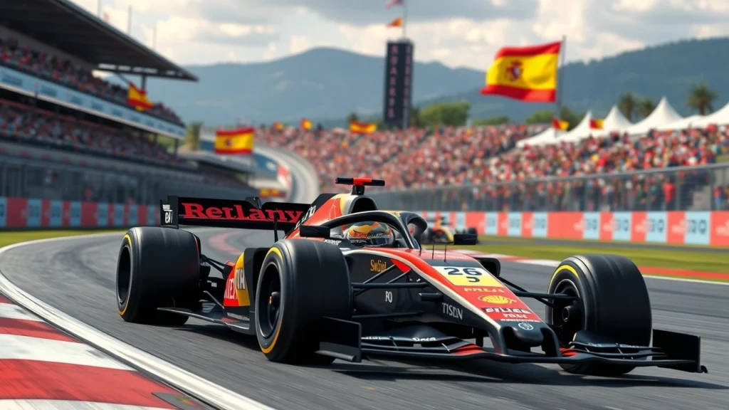 Une scène photoréaliste d'Oscar Piastri dominant le Grand Prix d'Espagne de Formule 1 2025.