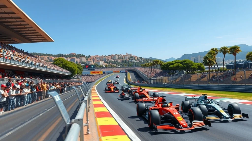 Une illustration photoréaliste du Grand Prix d'Espagne 2025 au circuit de Barcelone.
