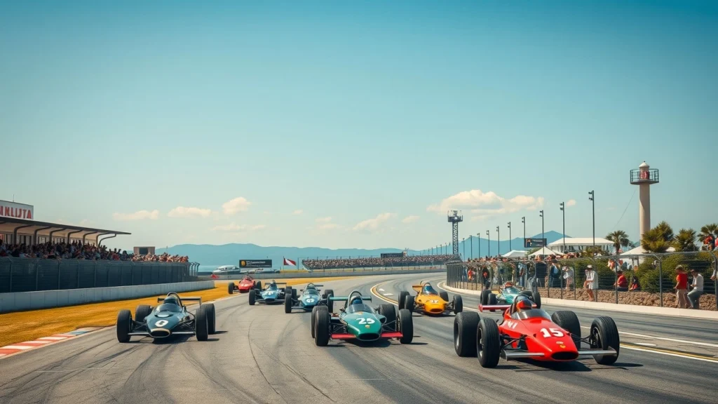 Une illustration photoréaliste du Grand Prix de France Historique 2025 au Circuit Paul Ricard, mettant en scène des légendes emblématiques de la Formule 1.