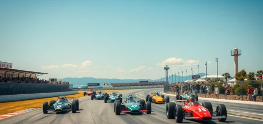 Une illustration photoréaliste du Grand Prix de France Historique 2025 au Circuit Paul Ricard, mettant en scène des légendes emblématiques de la Formule 1.