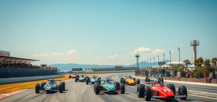 Une illustration photoréaliste du Grand Prix de France Historique 2025 au Circuit Paul Ricard, mettant en scène des légendes emblématiques de la Formule 1.