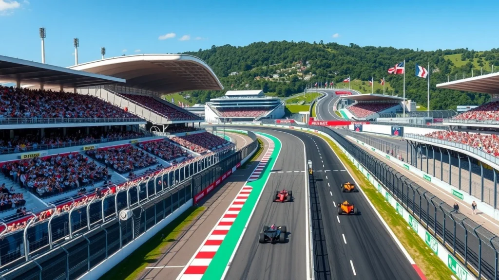 Une vue photoréaliste du circuit de Hungaroring pendant le Grand Prix de Hongrie 2025, mettant en avant les rénovations améliorant l'expérience des fans et la sécurité des pilotes.