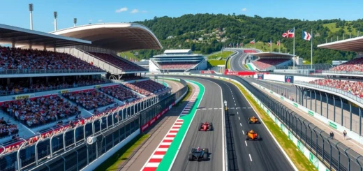 Une vue photoréaliste du circuit de Hungaroring pendant le Grand Prix de Hongrie 2025, mettant en avant les rénovations améliorant l'expérience des fans et la sécurité des pilotes.