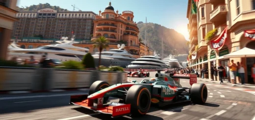 Une image photoréaliste du Grand Prix de Monaco avec une voiture de Formule 1 sur les rues étroites, entourée de bâtiments emblématiques.