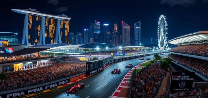 Le Grand Prix de Singapour en nocturne avec des voitures de Formule 1 sur un parcours urbain rempli de défis.