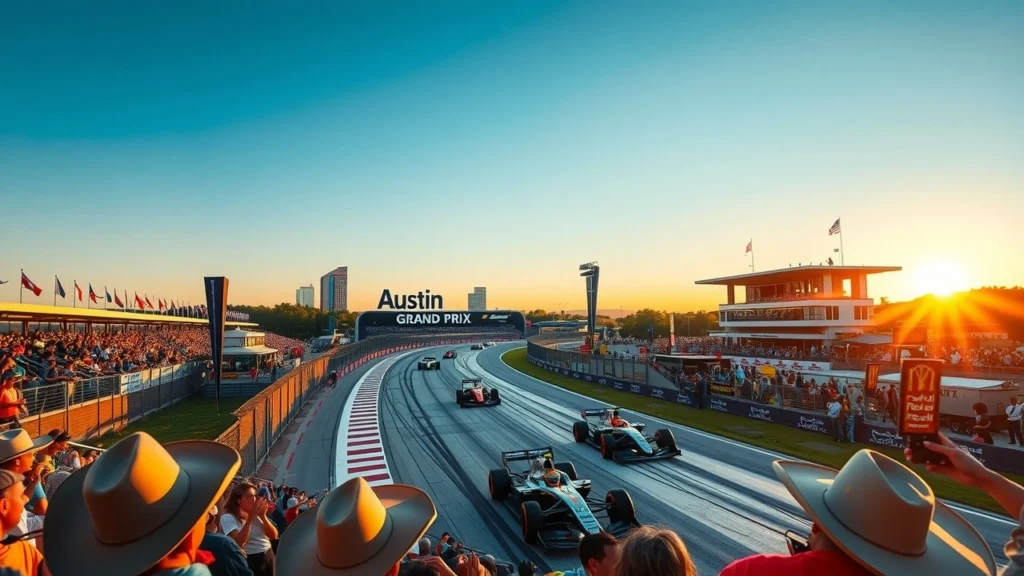 Vue photoréaliste du circuit de Formule 1 d'Austin, combinant tradition et modernité.