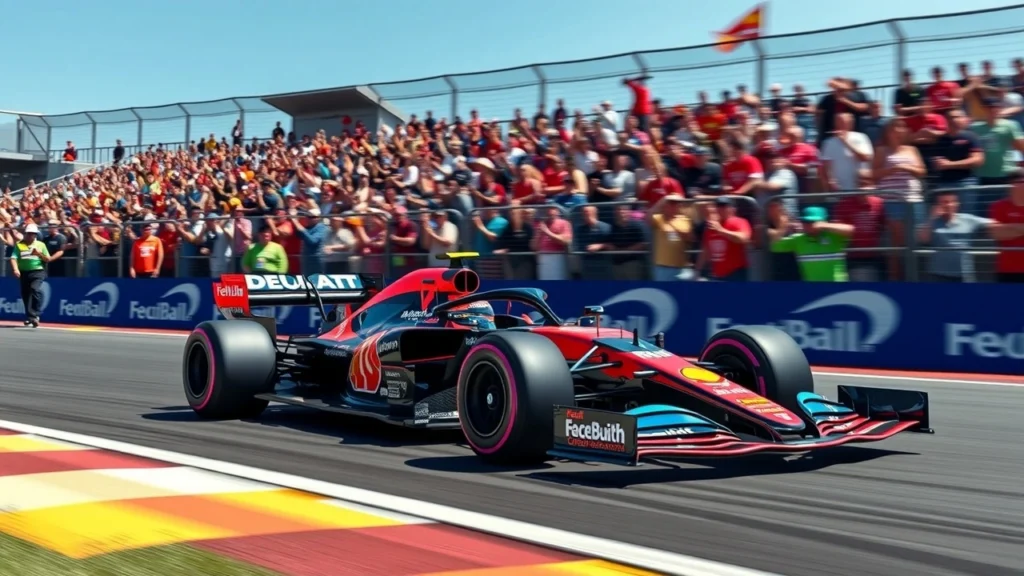 Une scène photoréaliste d'une voiture de Formule 1 moderne sur la piste, mettant en avant des caractéristiques de sécurité avancées inspirées de l'héritage de Jules Bianchi.