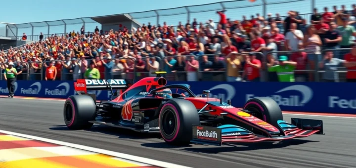 Une scène photoréaliste d'une voiture de Formule 1 moderne sur la piste, mettant en avant des caractéristiques de sécurité avancées inspirées de l'héritage de Jules Bianchi.