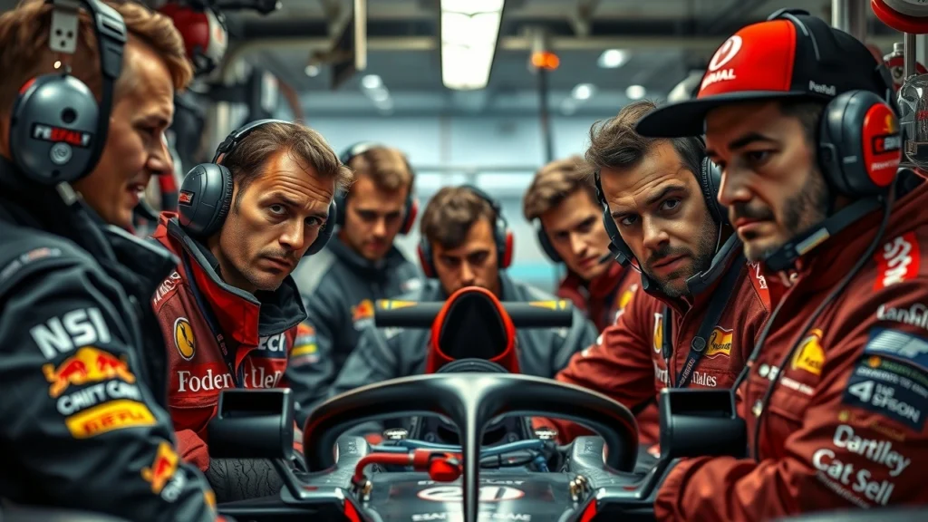 Une illustration des héros méconnus de la Formule 1, montrant le courage et la passion des mécaniciens et ingénieurs dans un garage.