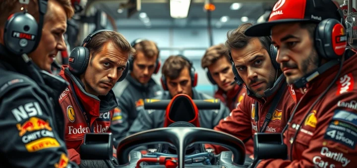 Une illustration des héros méconnus de la Formule 1, montrant le courage et la passion des mécaniciens et ingénieurs dans un garage.