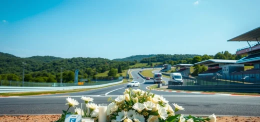 Scène photoréaliste d'un mémorial pour Jules Bianchi au Circuit Paul Ricard, avec des mesures de sécurité visible.