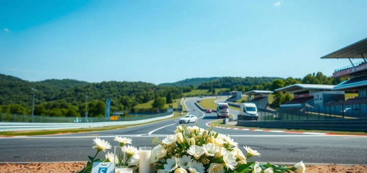 Scène photoréaliste d'un mémorial pour Jules Bianchi au Circuit Paul Ricard, avec des mesures de sécurité visible.