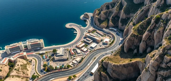 Vue aérienne du circuit de Monaco montrant les reliefs et les virages du Grand Prix de F1.