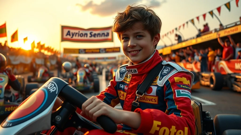 Un jeune pilote de kart inspiré par Ayrton Senna, déterminé et heureux sur un circuit.