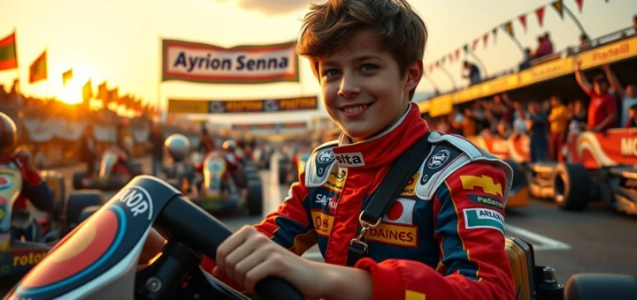 Un jeune pilote de kart inspiré par Ayrton Senna, déterminé et heureux sur un circuit.