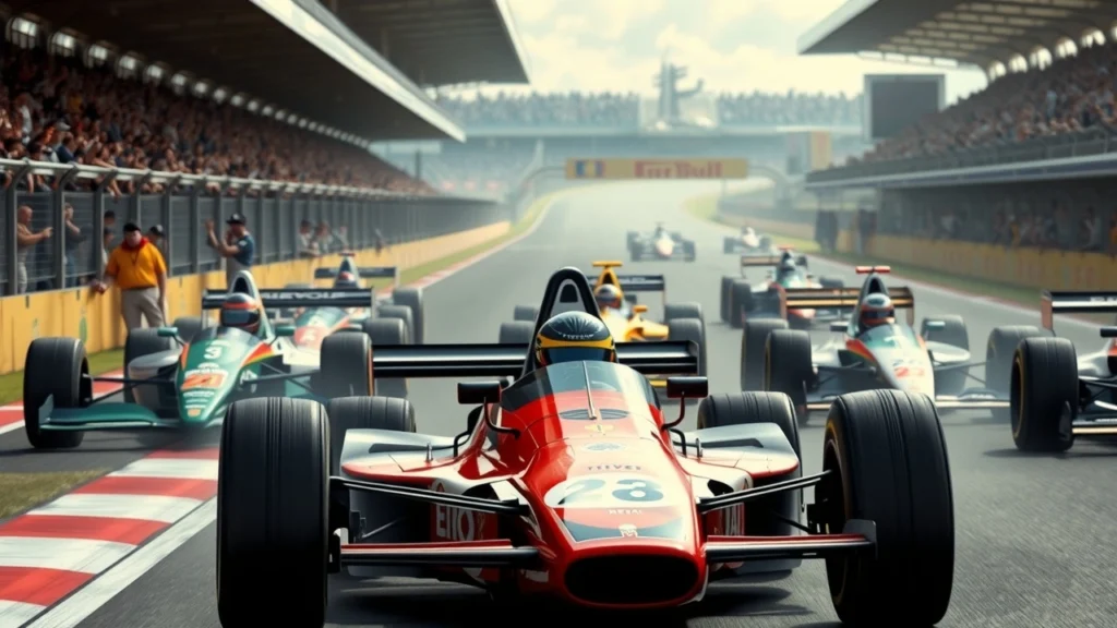 Une illustration photoréaliste montrant l'influence des pilotes de F1 sur le développement des écuries à travers l'histoire.