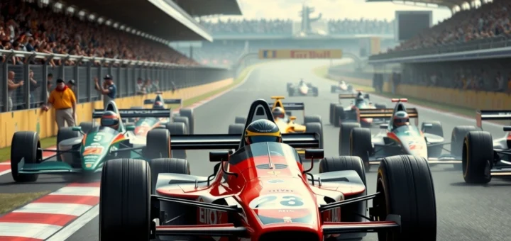 Une illustration photoréaliste montrant l'influence des pilotes de F1 sur le développement des écuries à travers l'histoire.