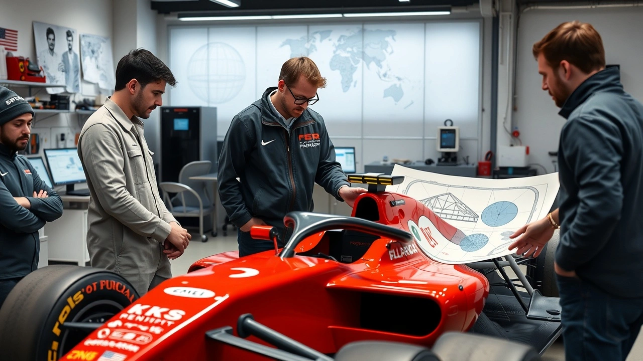 ingénieurs discutant des conceptions de monoplaces de F1