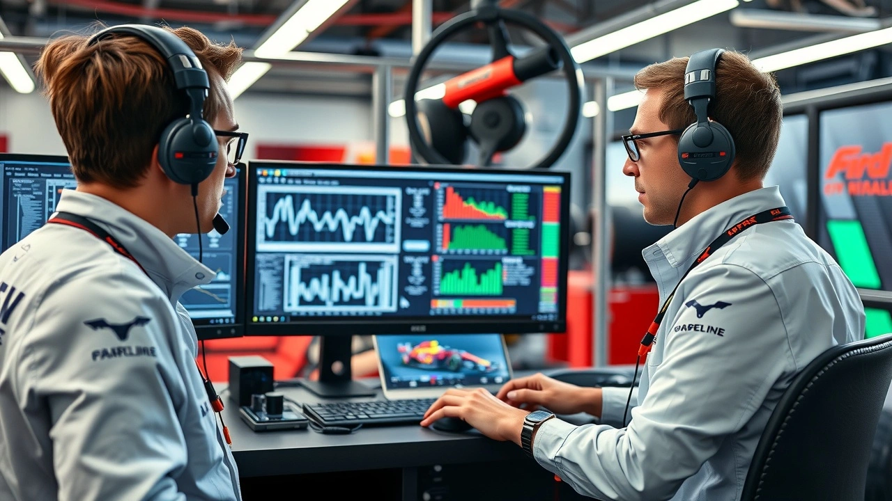 deux ingenieurs de formule 1 analysant des donnees en temps reel